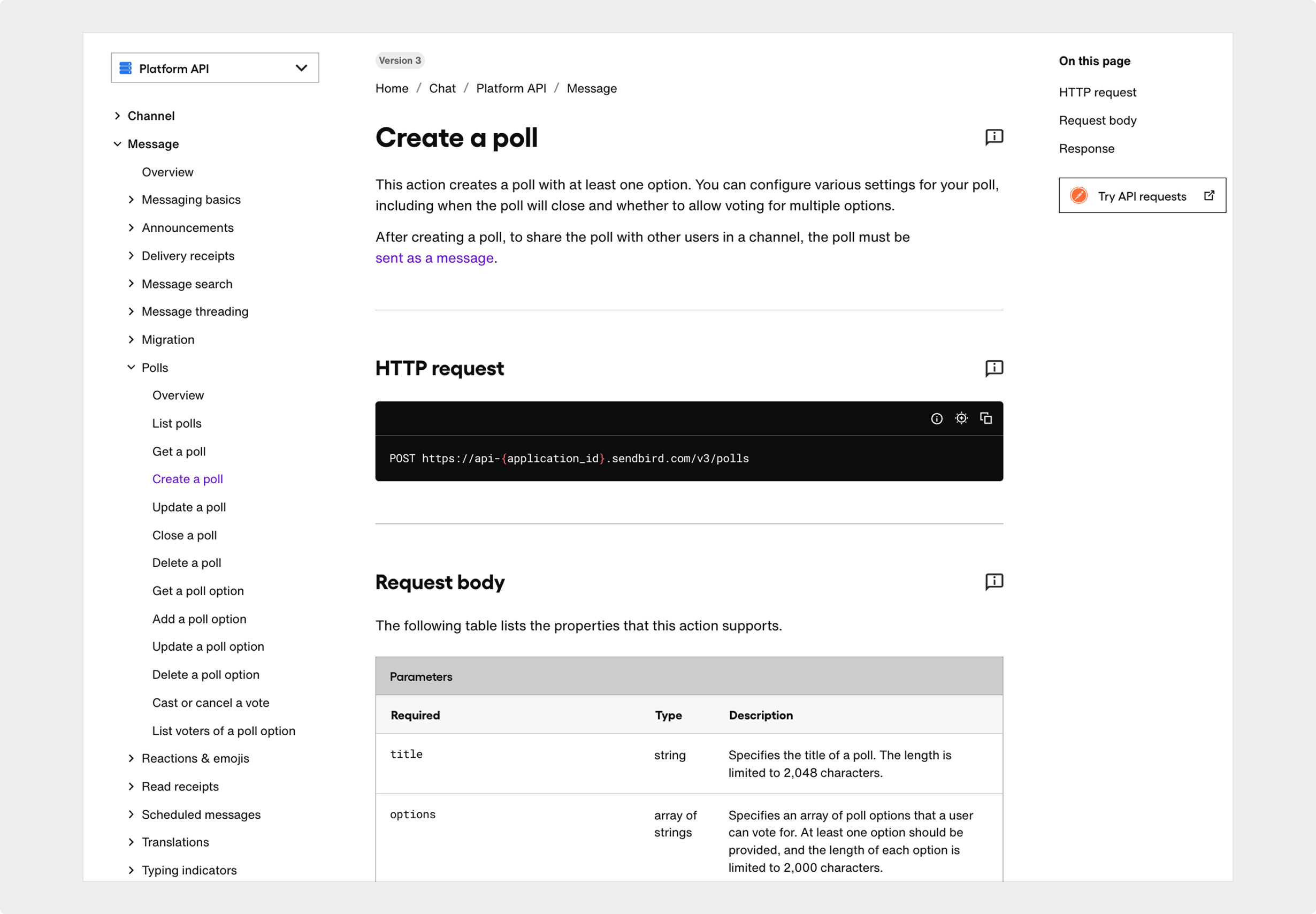 screenshot of Create a Poll API page