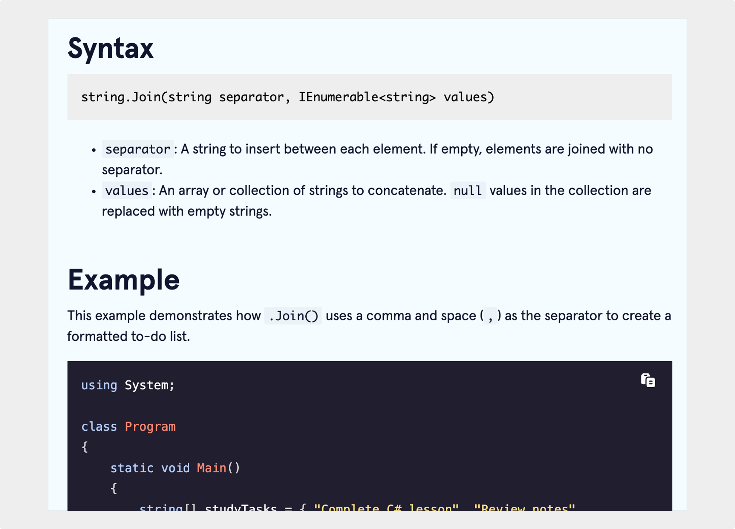 screenshot of C# .Join() method terminology page
