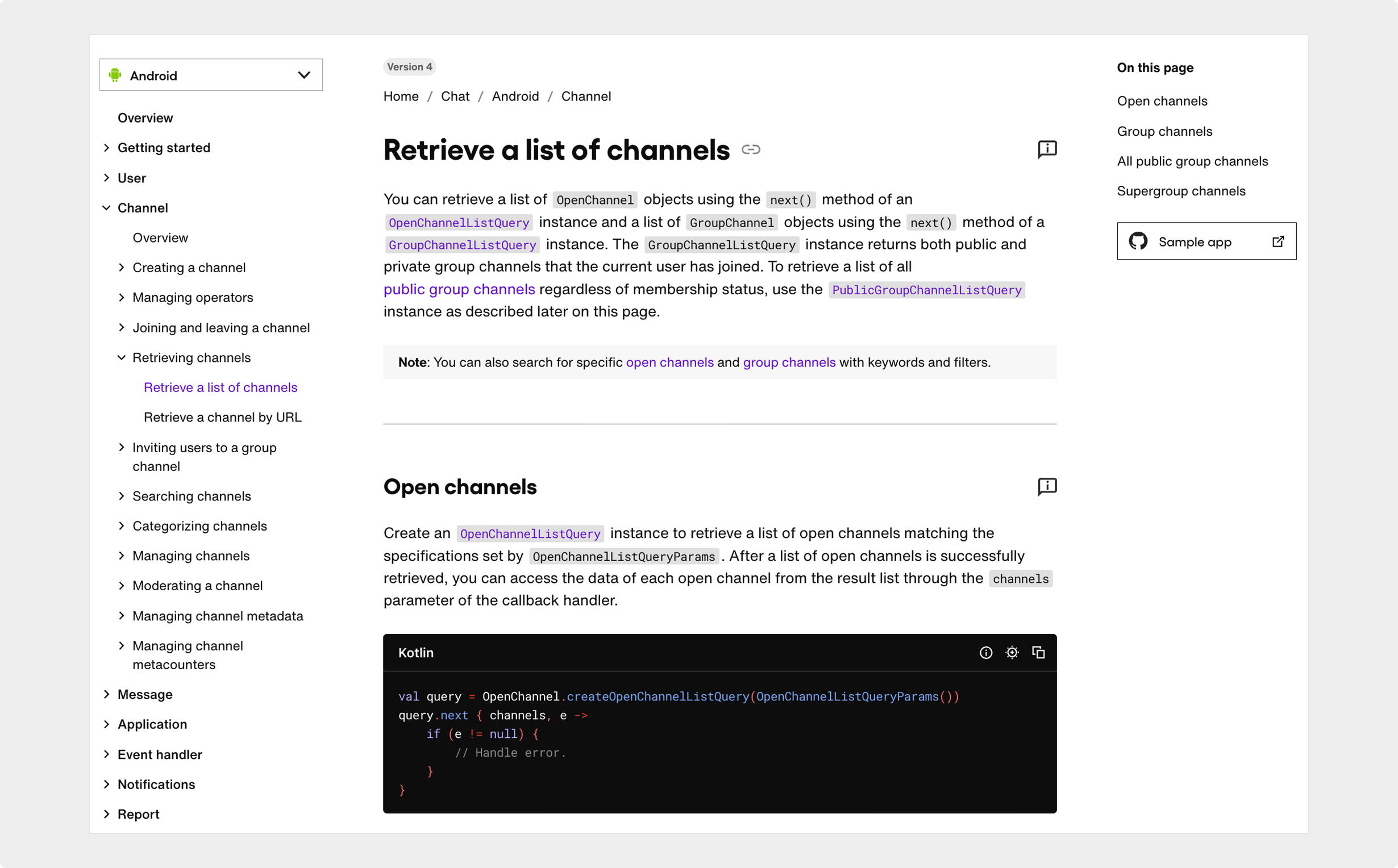 screenshot of Retrieve a List of Channels page